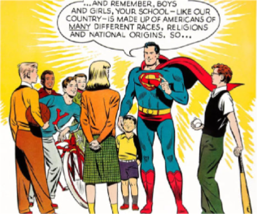 Superman talking to crowd of people